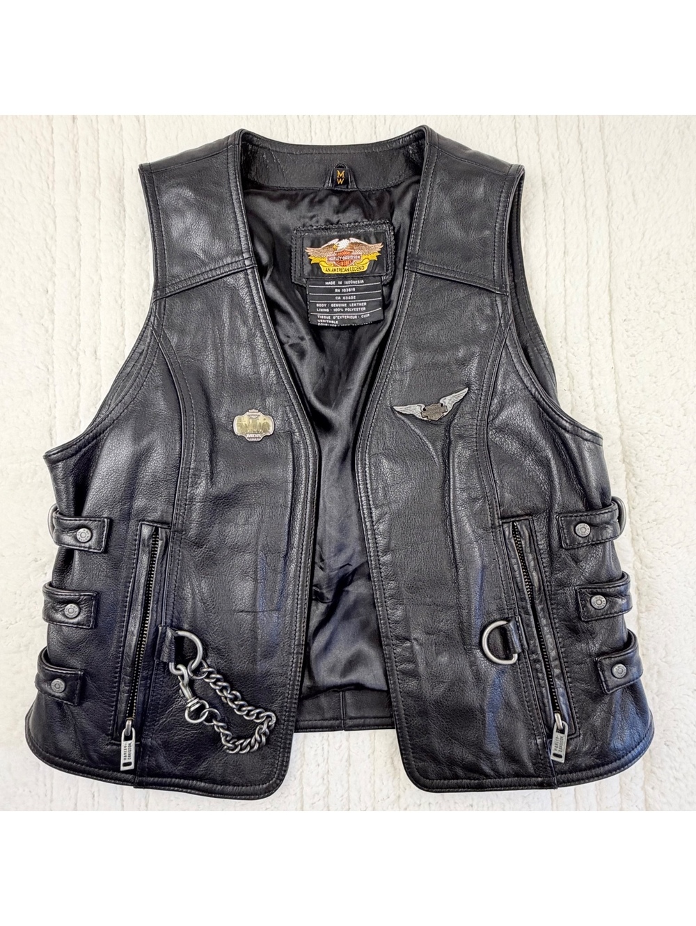 Harley Davidson Womens M Genuine Leather Motorcycle Biker Vest Pins Patch
